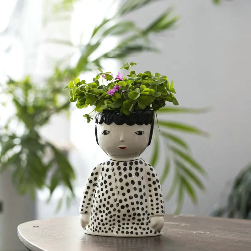 Cute girl hand-painted ceramic doll flower pot succulent flower pot green plant decoration ornaments home storage storage jar
