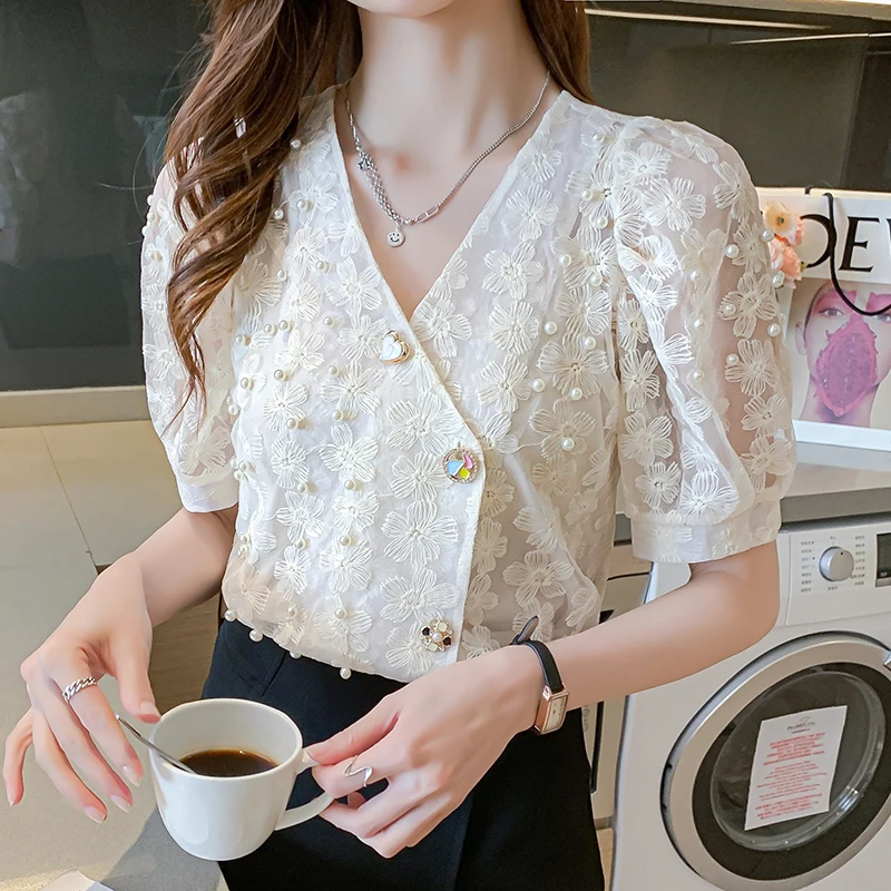 Женская кружевная рубашка с вышивкой QOERLIN свободная повседневная однобортная