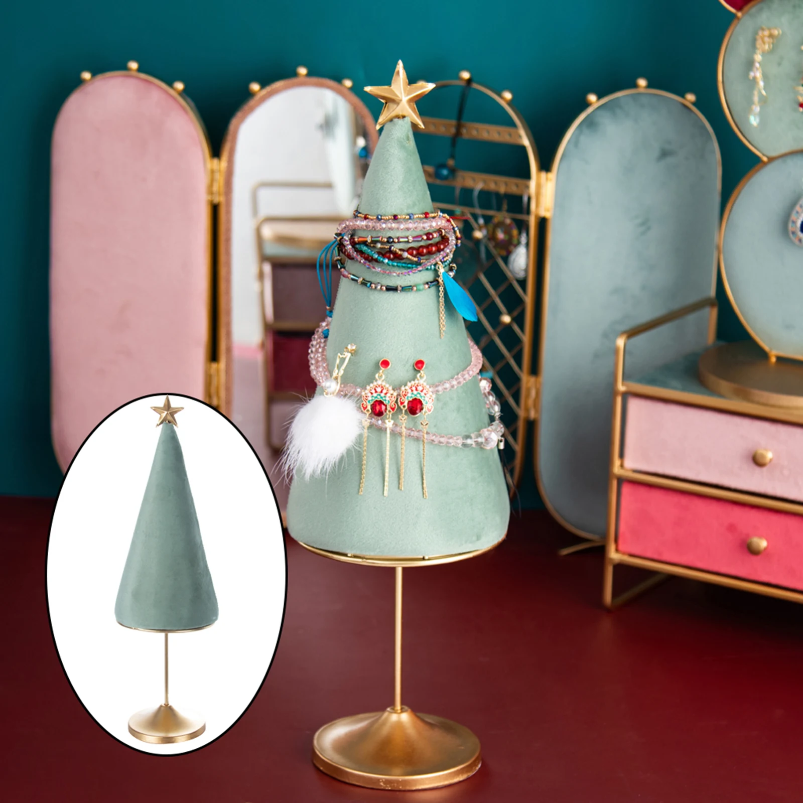 

Christmas Tree Jewelry Display Rack Tower Green Flannel Earrings Necklace Bracelet Storage Holder Bedroom Desktop Photography
