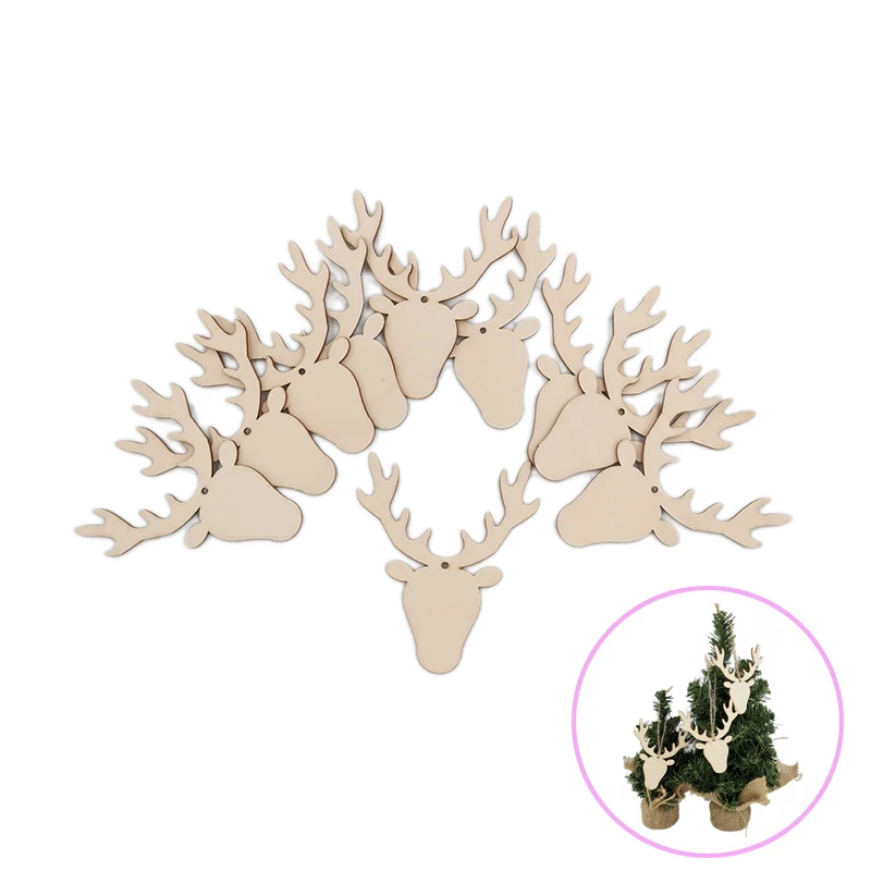 

10PCS Unfinished Wooden Ornaments Natural Wood Slices DIY Crafts Christmas Gift Decoration Deer Wood Xmas Hanging Decor
