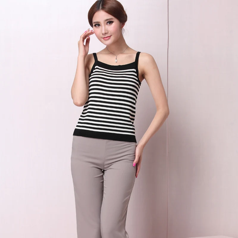 

Big Size Tank Camis Knitted High Elastic Summer New Silk Sweater Women's Sling Wild Black And White Striped Silk Short Shirt