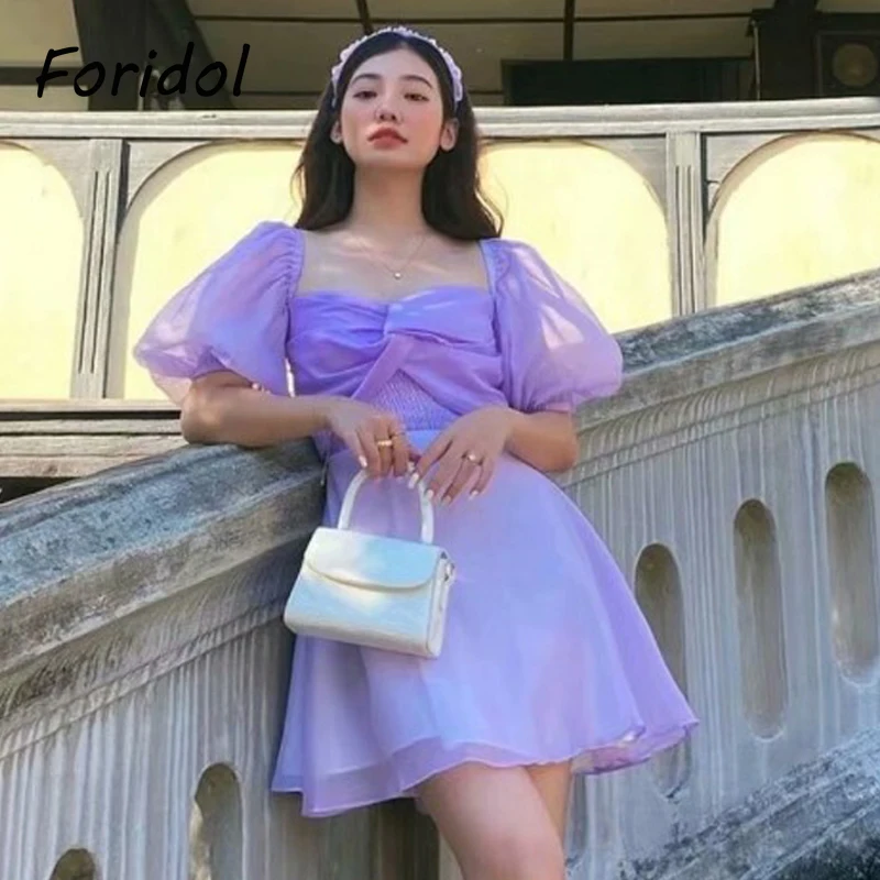 

Foridol Solid Purple Summer Dress Women Elegant Mesh A-line Mini Dress Party Club Dress 2021 Vintage Vestido De Mujer