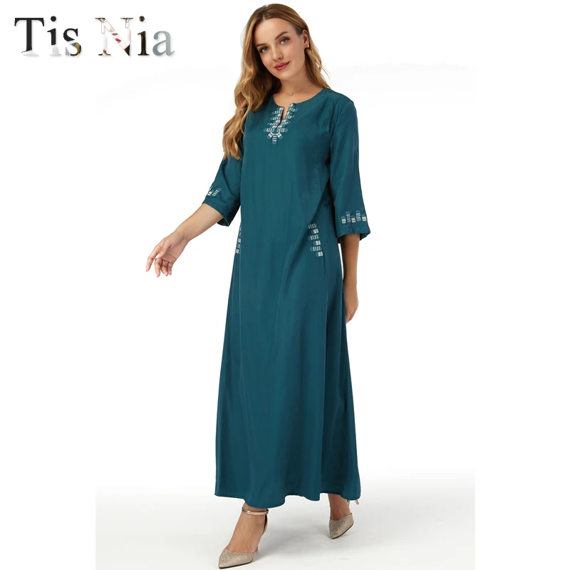 Robe Marocain Abaya Dubai Turkish Islam Robe Muslim Embroidered African Dress Women's Robe Arab Muslim Djellaba Femme Blue