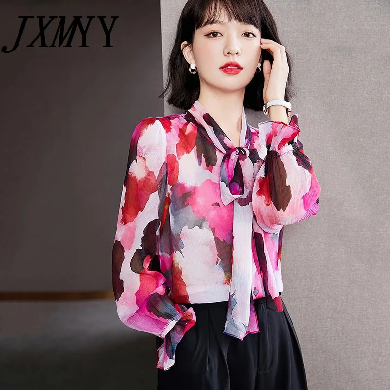 

JXMYY 2021 Autumn Fashion Niche Western Style Silk Painted Print Comfortable Shirt Elegant Temperament Ribbon Shirt