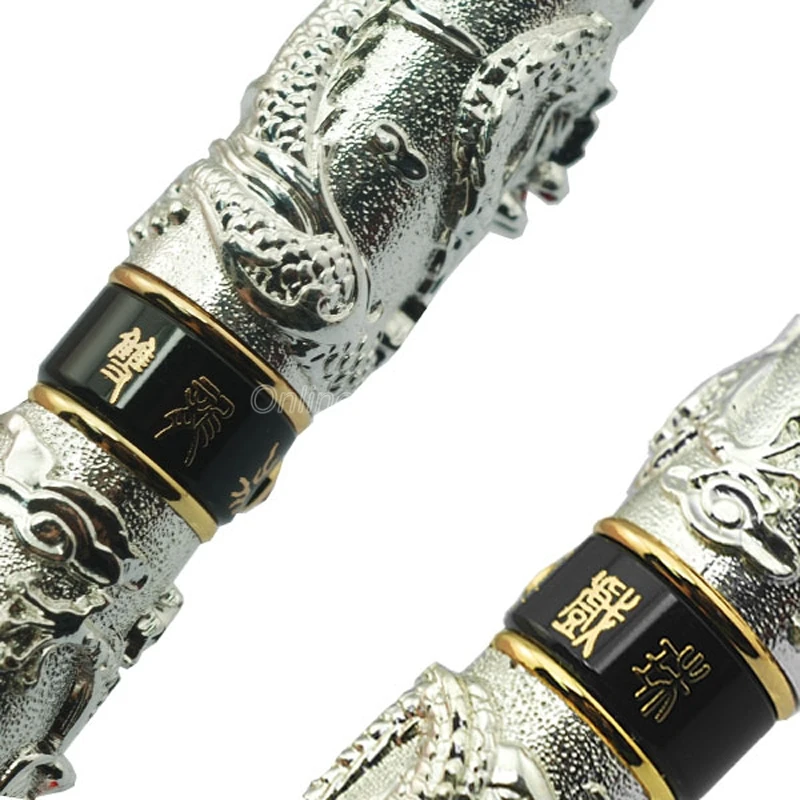 Jinhao Vintage Double Dragon Playing Pearl, Metal Carving Embossing Heavy Pen Silver For Writing Gift Rollerball Pen W/Gift Box