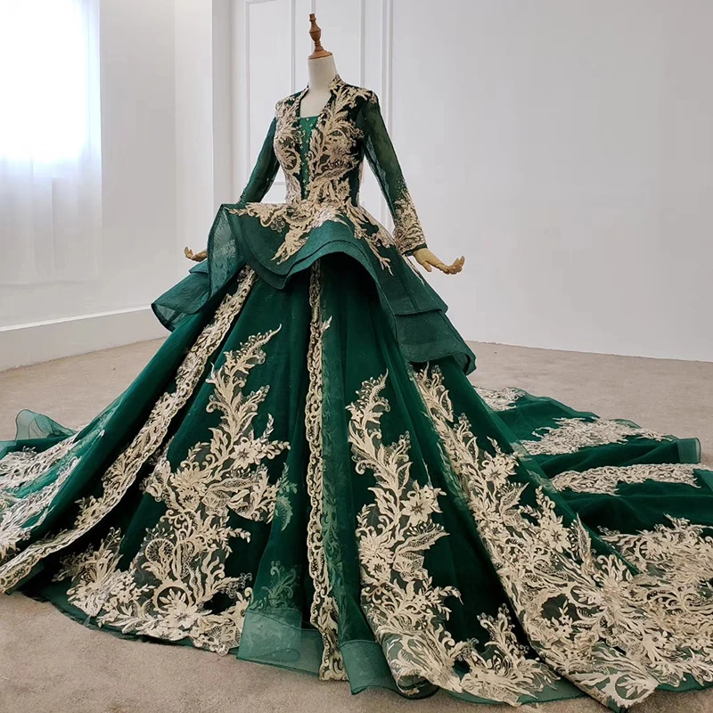Green V Neck Evening Gown Long Sleeve Puffy Heavy Appliques Ball Gown Saudi Arabi Gold Lace Crystals Evening Dress Lace Flowers