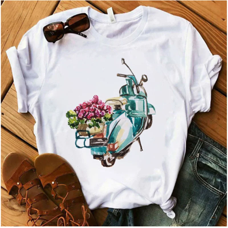 

Motorcycle Floral T-shirt O-neck Graphic T-shirt Ladies Printed Clothing Short-sleeved Ladies T-shirt AOWOF Ladies T-shirt
