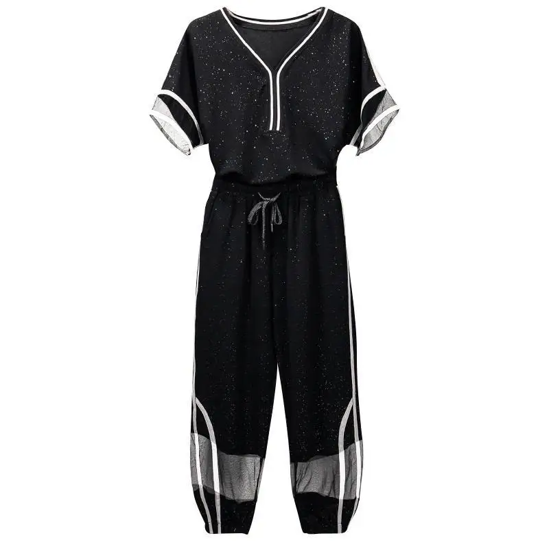 

Plus Size Women's Summer Suit Loose Women Tracksuit Set Shiny Black Mesh 2 Piece Pants Set Big Size Korean Outfits Casual