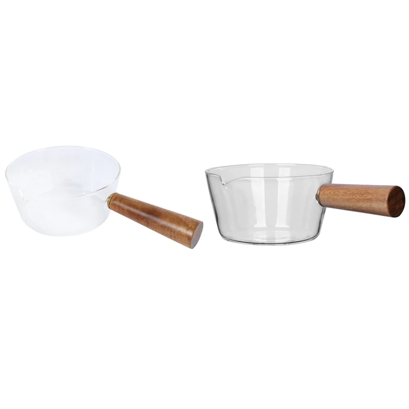 

2 Pcs Glass Milk Pot With Wooden Handle Cooking Pot For Salad Soup Noodles Gas Stove Cookware, A & B