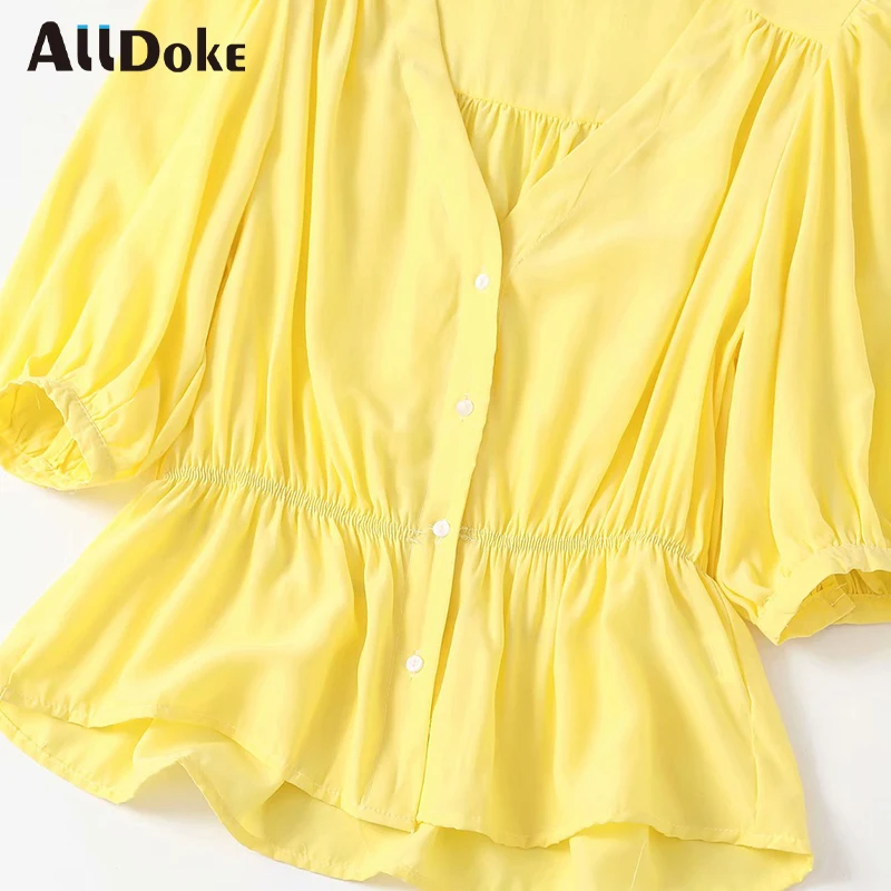

ALLDOKE yellow casual women blouse summer v neck half sleeve tops shirt femme button office ol ladies blouses blusas mujer