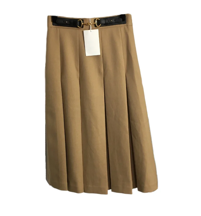 

2021 Autumn-Winter Women Mid-Calf Empire Skirts Ladies Preppy-style A-line Pleated Skirt With Sashes