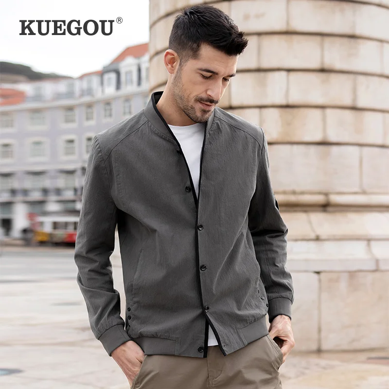 Мужская бейсбольная куртка KUEGOU черная однотонная из хлопка и спандекса весна