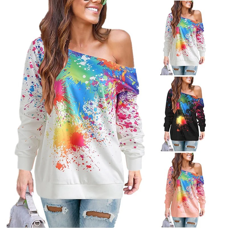 

Women Explosions Sweatshirts Fashion Autumn And Winter Oblique Shoulder Spray Paint women's Clothing Tie Dyeing Leisure Style