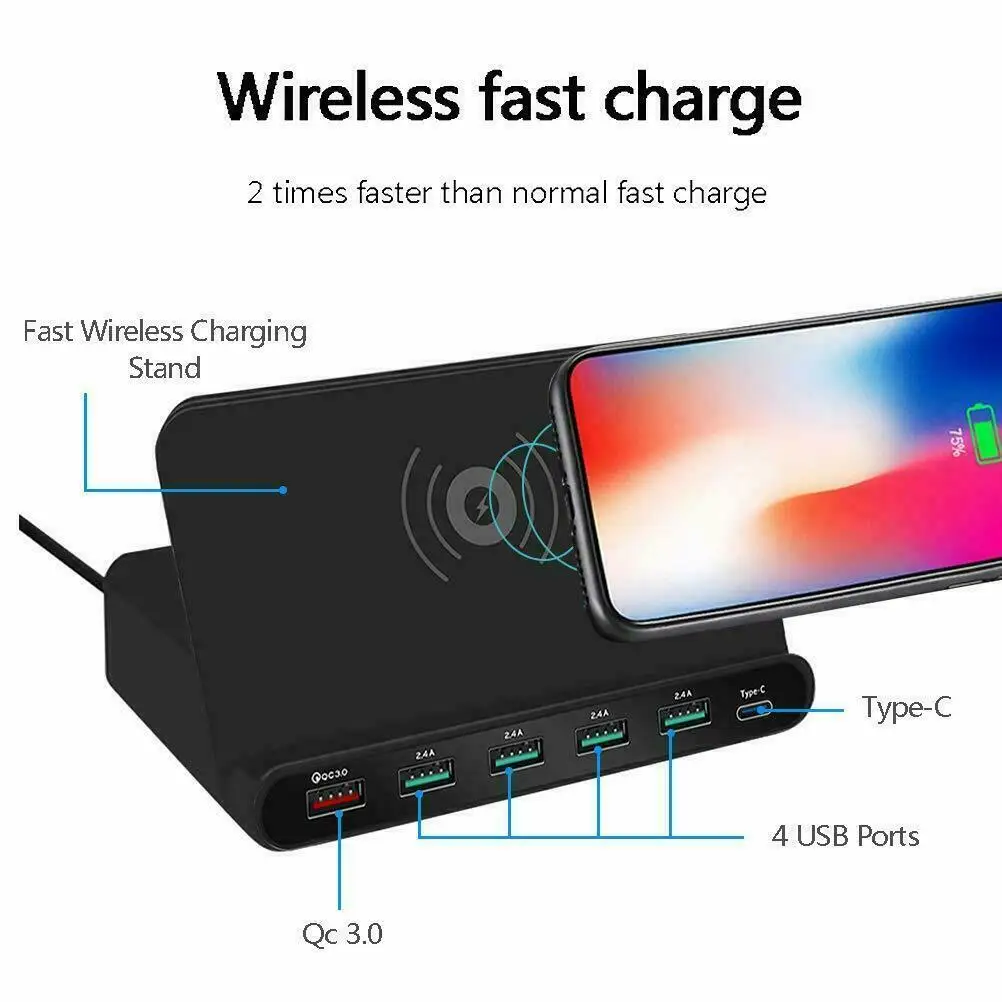 

QC 3.0 QI Fast Wireless Charger Pad 6 Port USB Charging Stand Holder For iPhone