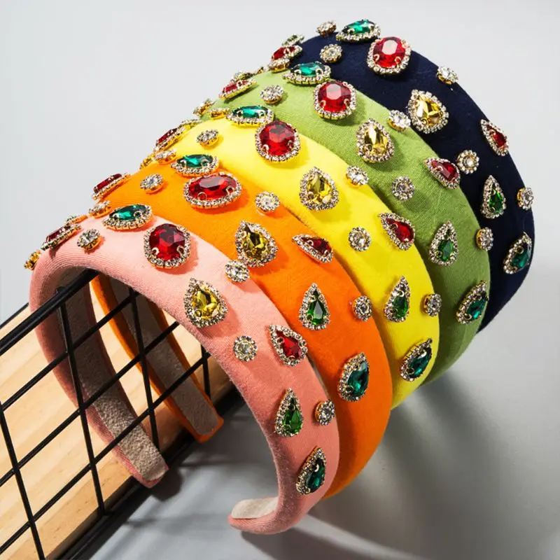 

2020 New Women Sponge Padded Headband Candy Color Velvet Glass Drill Rhinestone Hair Hoop