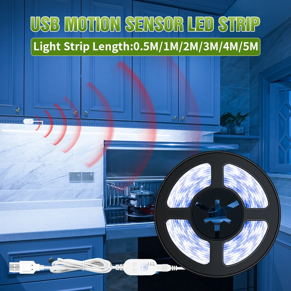 

USB Under Cabinet Light 5V Strip Lamp Flexible Ribbon Fita Led Light Strip Diode Tape 5M Motion Sensor Waterproof Desktop Screen
