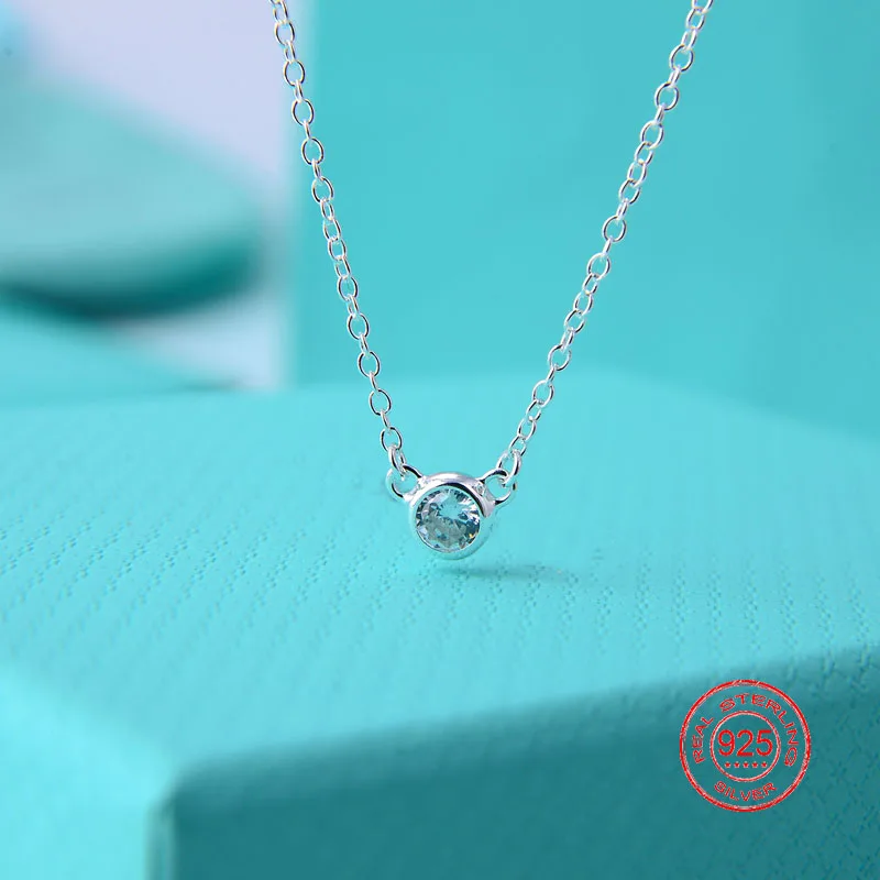 

925 Silver Round Single Diamond Pendant Necklace Simple Clavicle Chain Female Tide Classic Aquamarine Wild Necklace