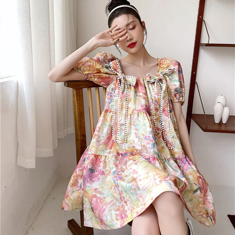 

Women Summer Puff Sleeve Floral Print Spliced Mini Dress Female Sweet Designed Backless Dresses Ladies Vintage Vestidos ML216