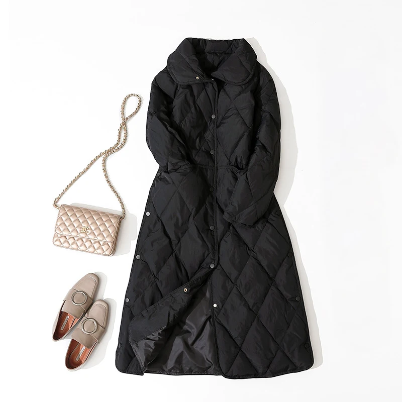 Женская длинная парка с узором ромбиками тонкая теплая куртка пуховик оверсайз