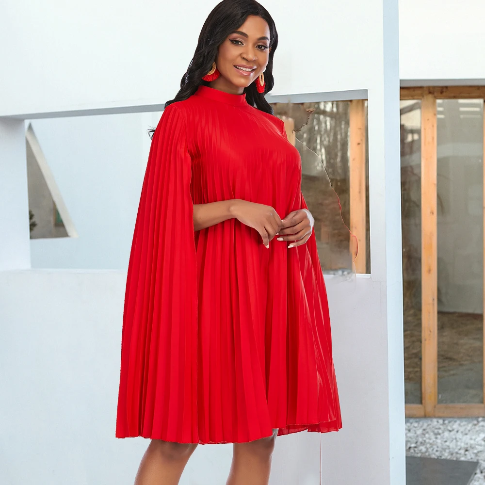 

African Women Oversized Party Dress Pleat Loose Short Dresses Cloak Sleeve Stand Collar Large Female Birthday Robes for Summer