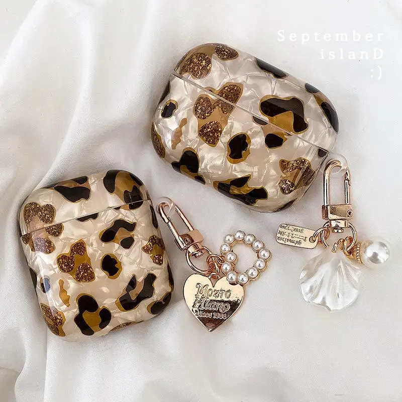 

Creative Leopard Print Crystal Shell Earphone Case with Pendant Suitable for AirPods Apple Bluetooth Earphone Protective Case