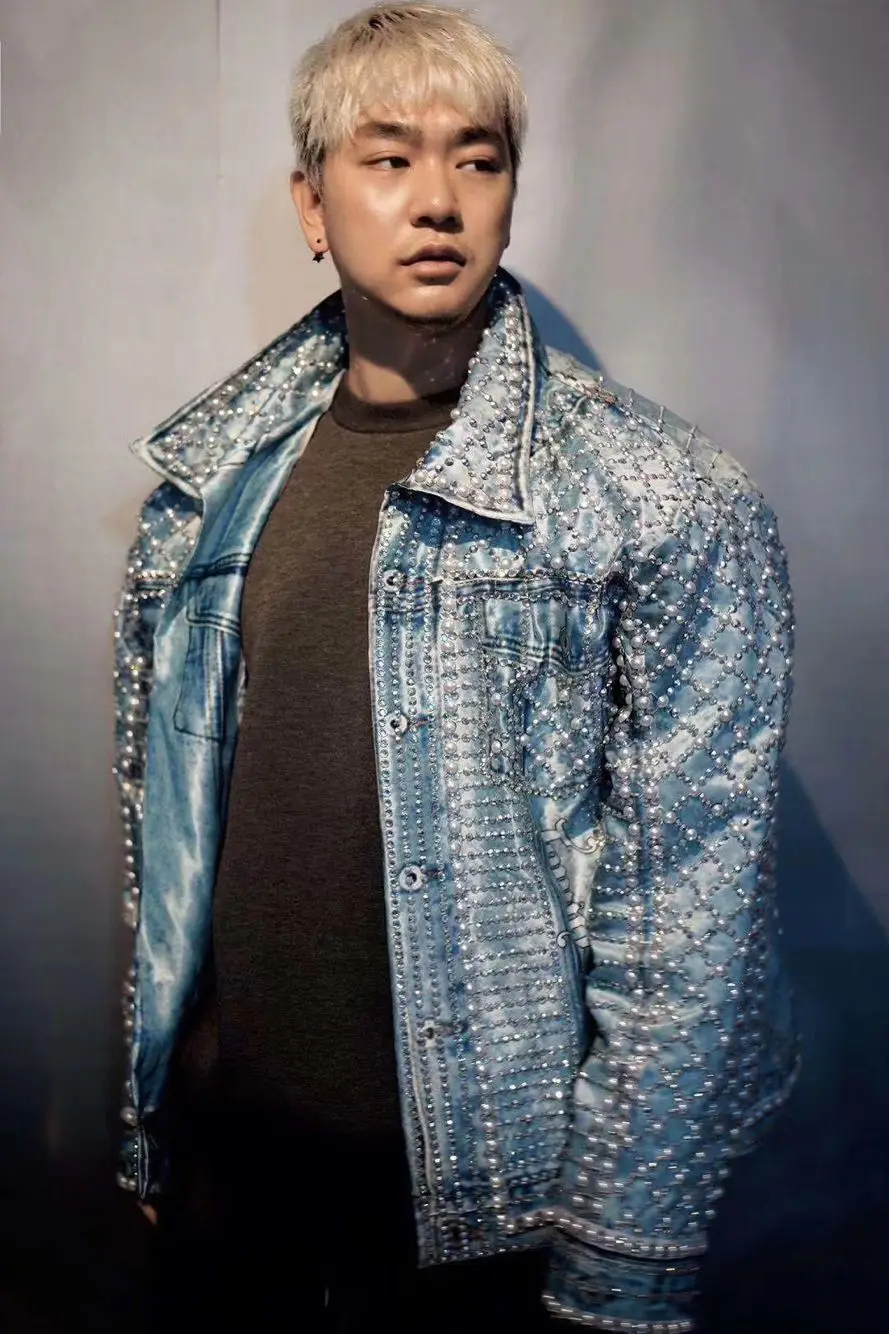 Блестящее голубое Ковбойское пальто Стразы с жемчужными бусинами джинсовая