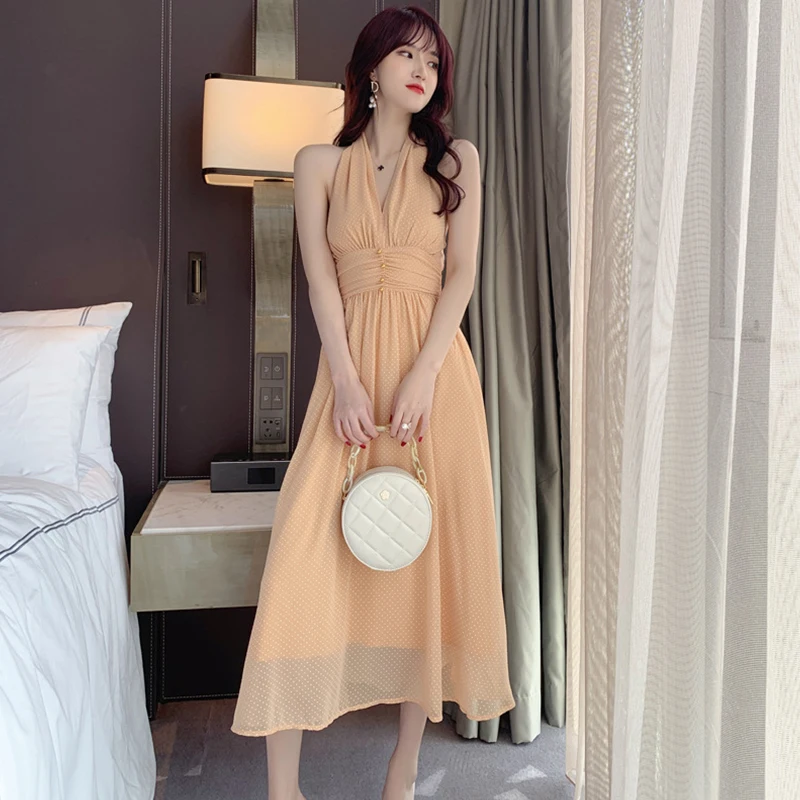 

new arrival fashion party dress women elegant summer sexy pearl v-neck halter chiffon temperament vintage dot a-line dress
