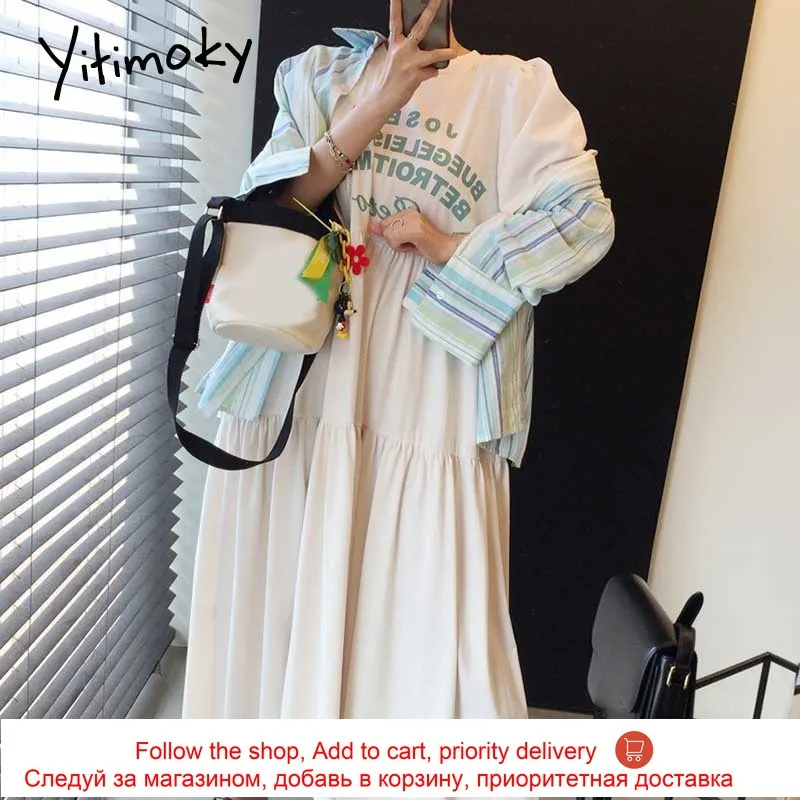 

Yitimoky Puff Sleeve O-Neck Dresses Women Loose Plus Size 2021 Summer Letter Korean New White Green Black Spliced Solid Clothes