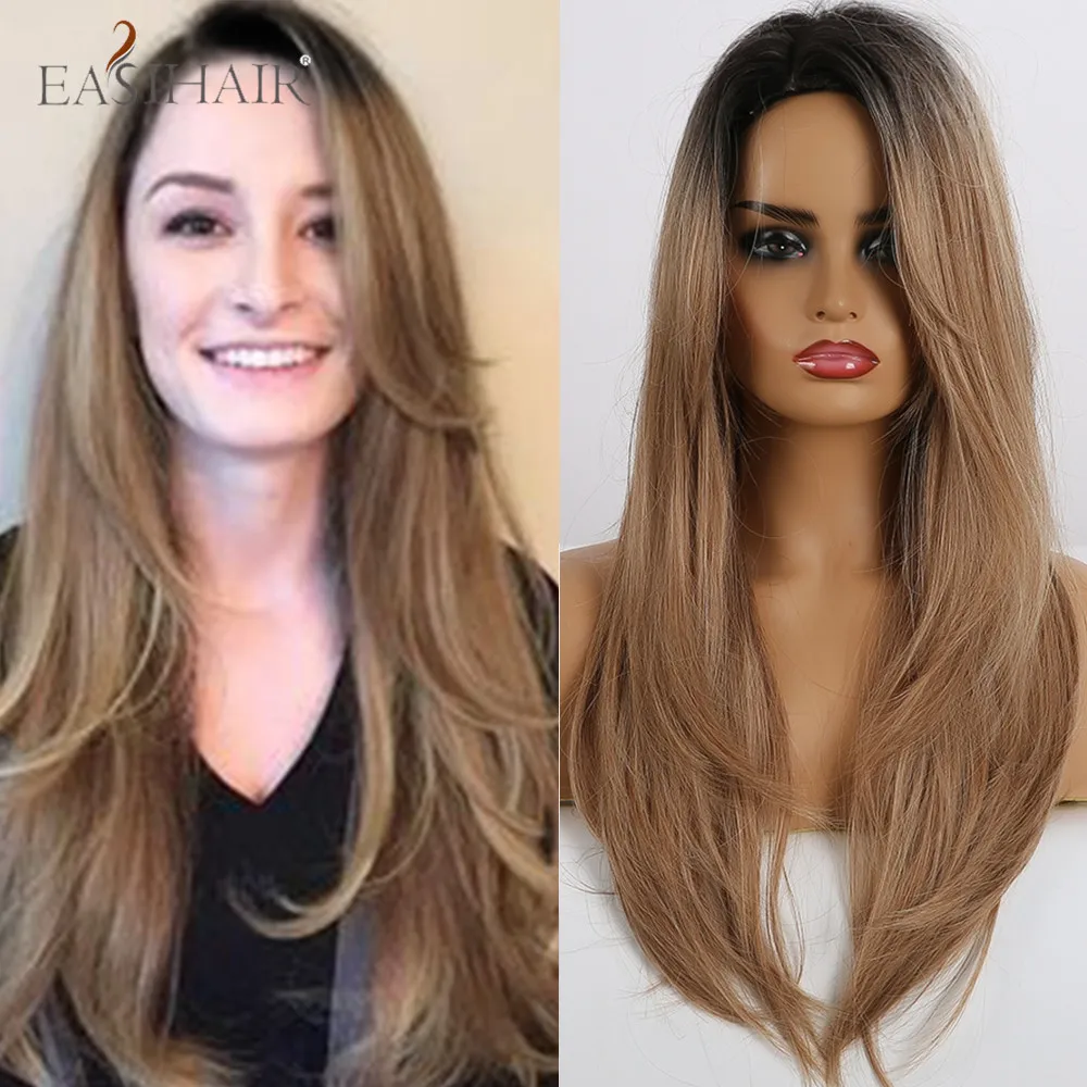 EASIHAIR длинные черные и коричневые парики из Омбре термостойкие синтетические