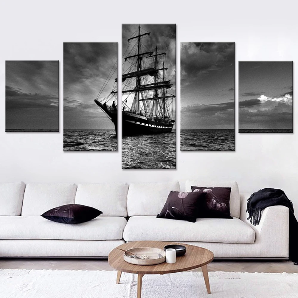 Настенные картины для спальни 5 шт. бело черные ночные лодки в море печатная
