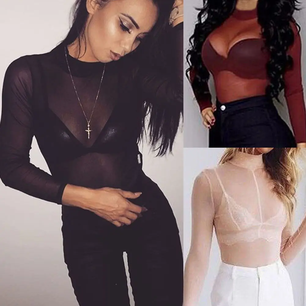 Women Long Sleeve Crew Neck Mesh See Through Solid Color Black/Red/Pink Slim Skinny Club Beach Bathing Bikini Cover Ups Tops | Женская