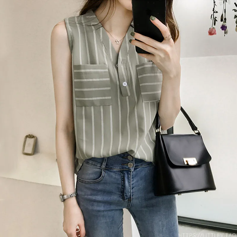 Женская шифоновая блузка без рукавов летний топ свободного покроя в полоску 3705 50