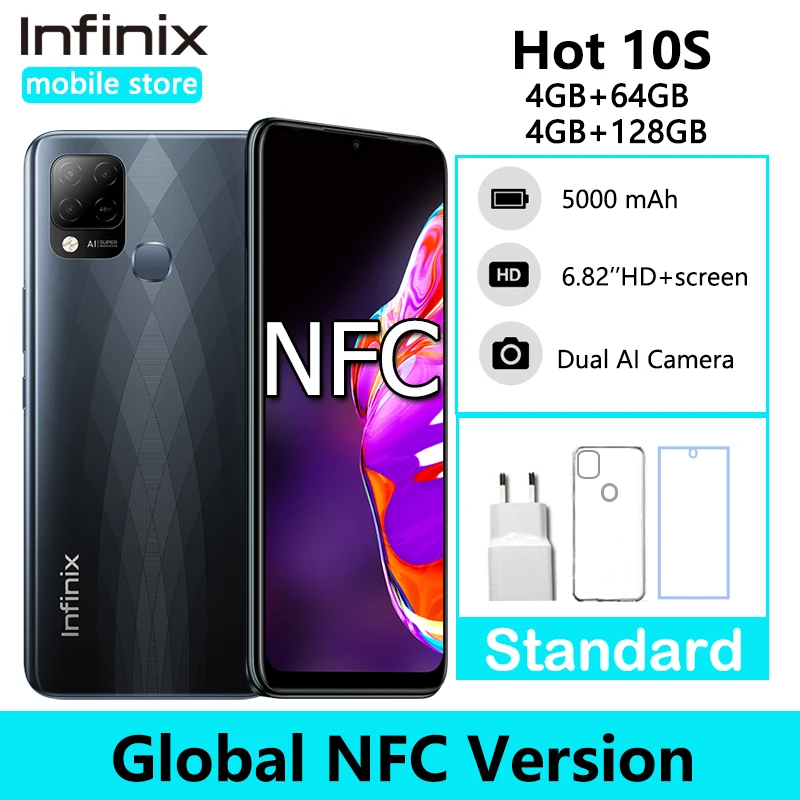 Smartphone infinix hot 10s, versão global, nfc, tela de 6.82 polegadas, 4gb, 64gb, helio g85, câmera tripla traseira de 48mp, bateria de 5000mah