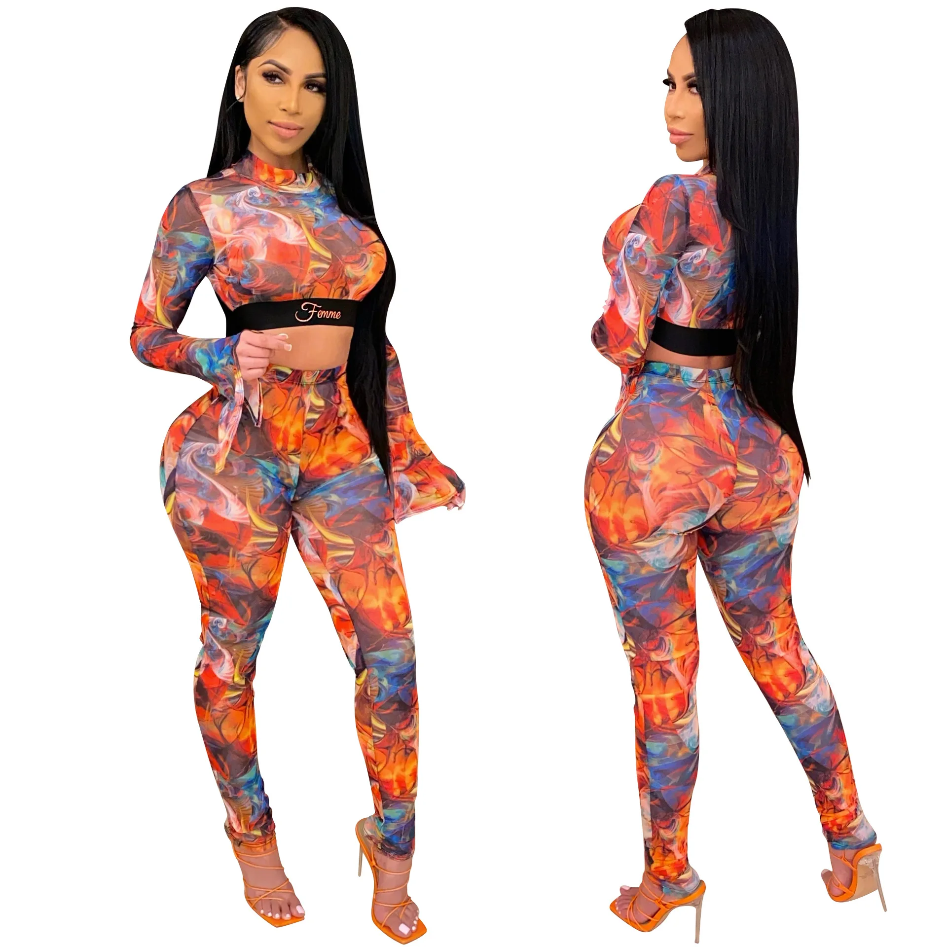 Повседневный комплект из двух предметов с принтом тай-дай прозрачная сетчатая