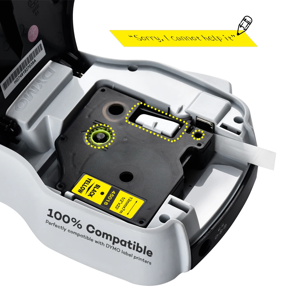 DYMO D1 12 мм 45018 черный на желтой ленте для этикеток. Совместимая лента для принтера DYMO D1 для этикеток DYMO LM160 LM280.