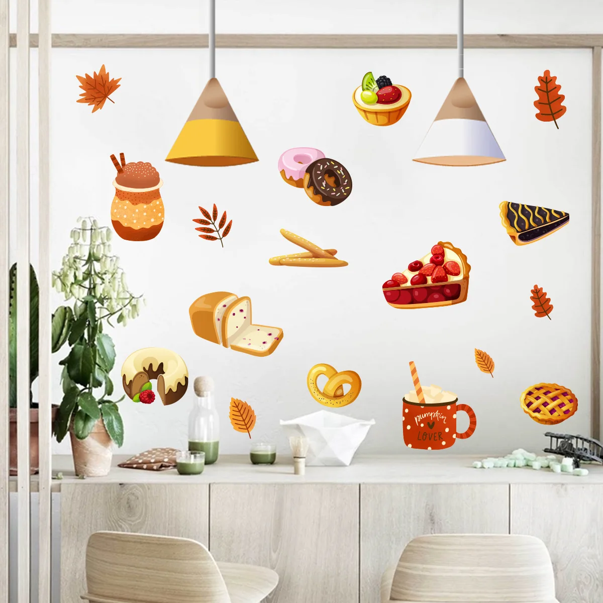 

Cartoon Bread Dessert Pattern Wall Sticker Kitchen Dining Living Room Home Decoration Background Wallpaper for Kids Room