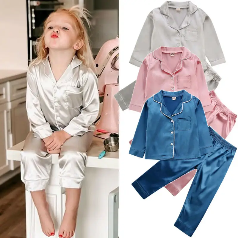 

Childrens Kids Pyjamas Silk Satin Tops Pant Autumn Winter Long Sleeve Sleepwear Nightwear Girl Boy Pajama Sets