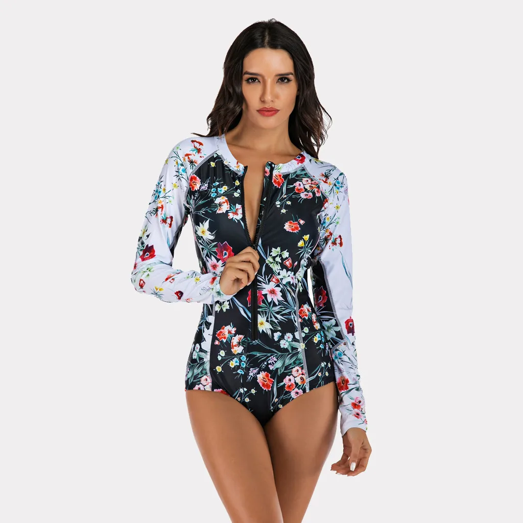 Женский Цельный купальник с длинными рукавами и принтом для дайвинга серфинга