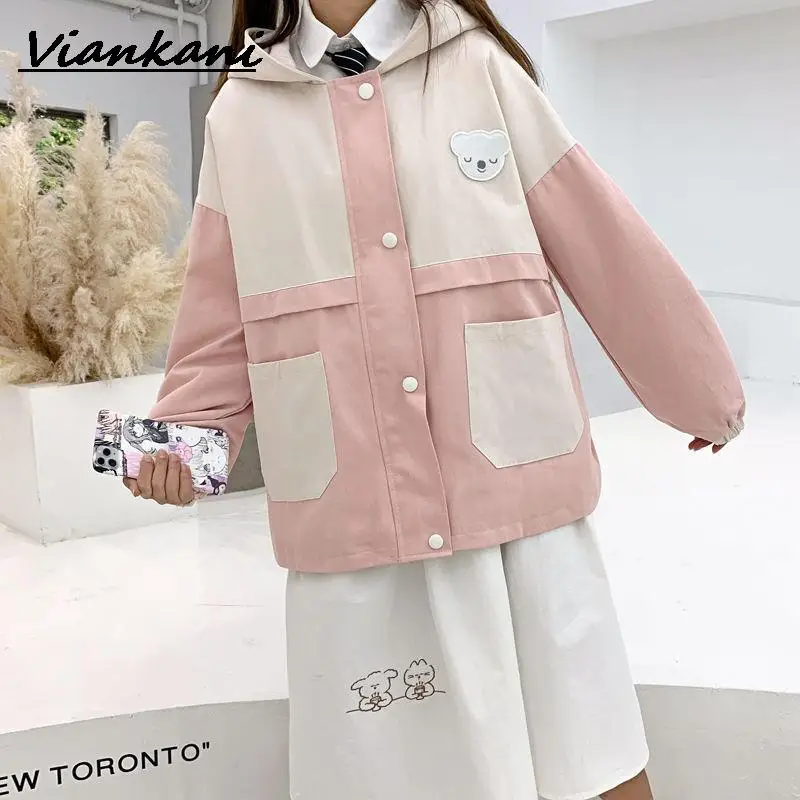 

Girl Coats Japanese Preppy style Hooded Jacket Streetwear Autumn Loose Zipper Outerwear Harajuku Oversize Sweet Cargo Jackets