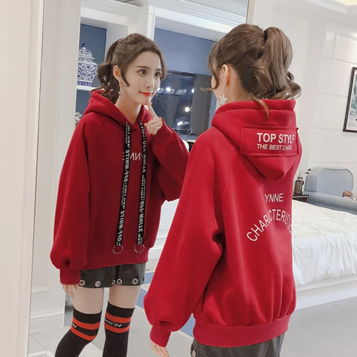 2019 красные женские толстовки с капюшоном флисовые свободные и молнией | Женская