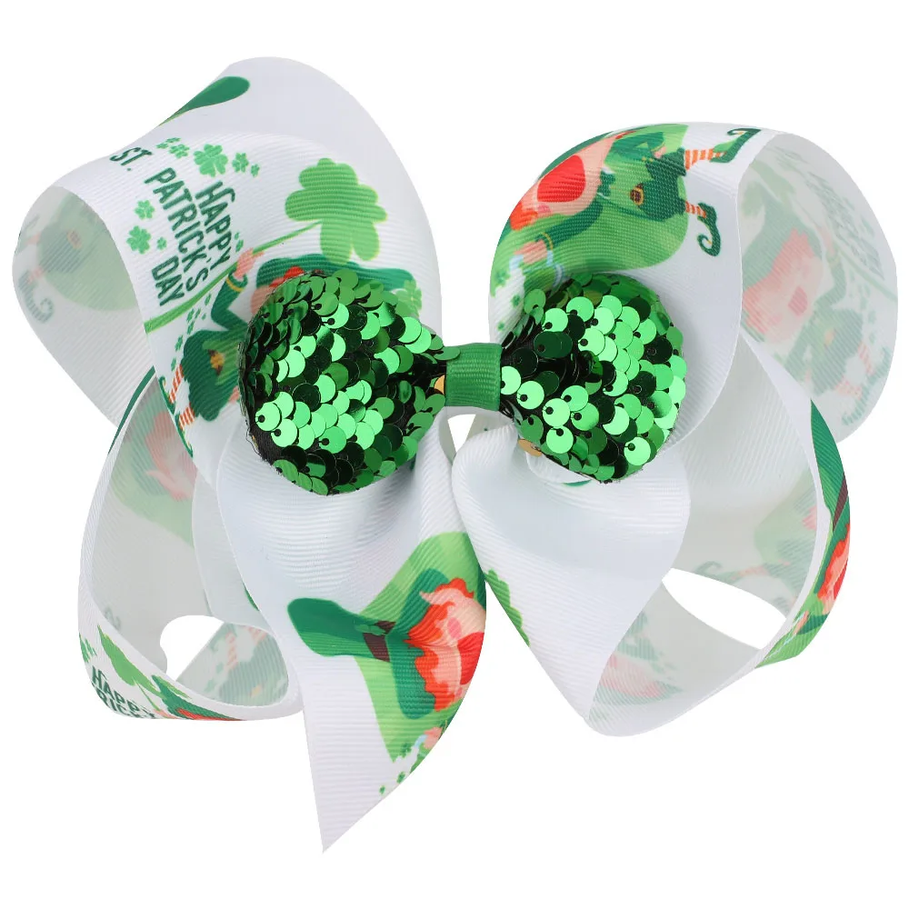 

7" Large Bow Hair Clip St. Patrick's Day For Girls Trefoil Rainbow Alphabet Print Sequin Hairpin Holiday Party Hair Accessory
