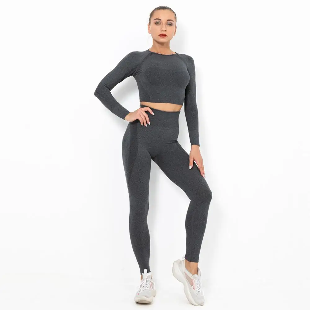 

Women Seamless Yoga Set Fitness Workout Sportswear Sports Suits Long Sleeve Shirts Top + High Waist Running Leggings Yoga Pants