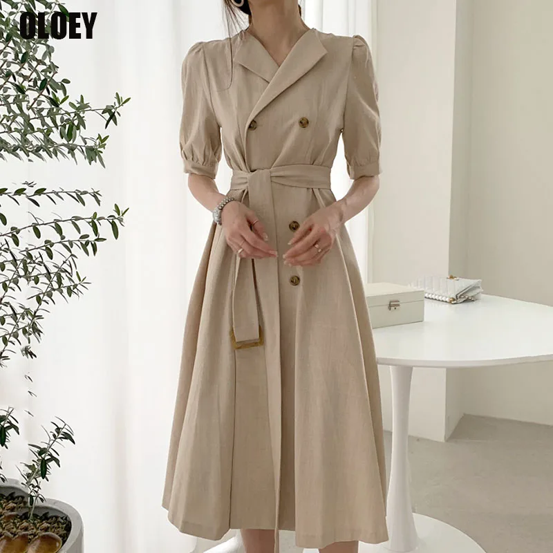 

Korea One Piece Puff Sleeve A-Line Casual Dresses Midi Dresses 2021 Summer Women New Dress Retro Elegant Office Woman'S Dress