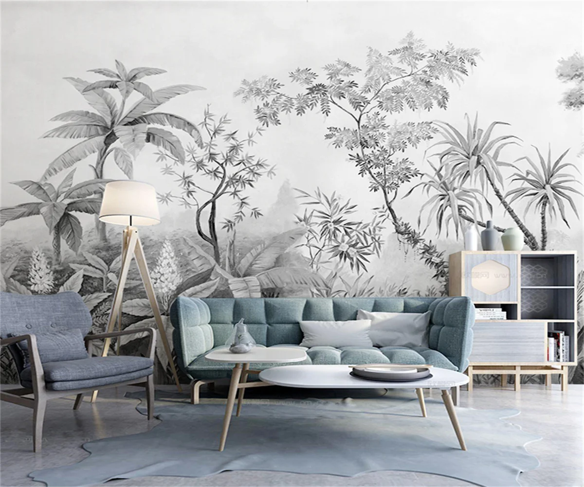 Papel tapiz personalizado para sala de estar, pintura de decoración de dormitorio, Mural de bosque de plantas tropicales en blanco y negro