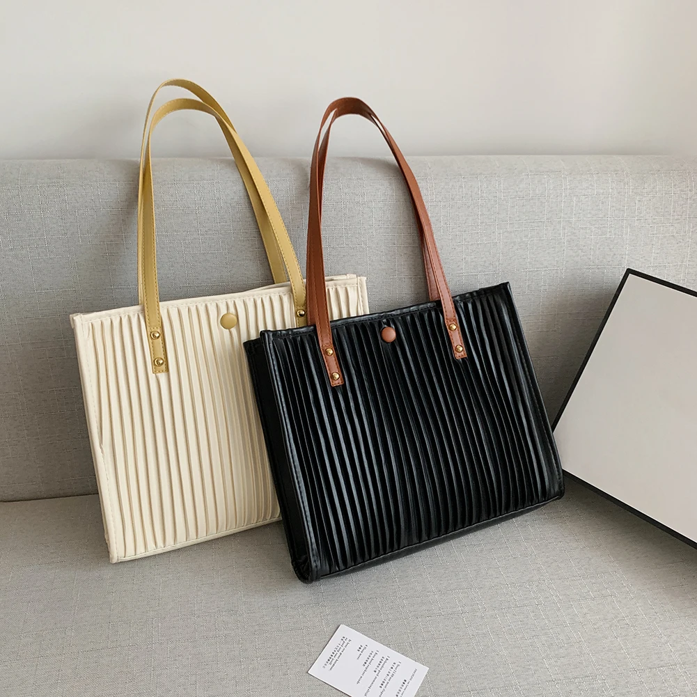 

Simple Women Pleated Design Travel Handbags Large Capacity Shoulder Shopping Bag Female PU Leather Tote Handbags