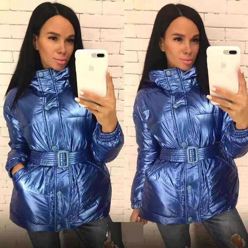Блестящая Серебристая зимняя куртка Женское зимнее пальто с поясом Женская