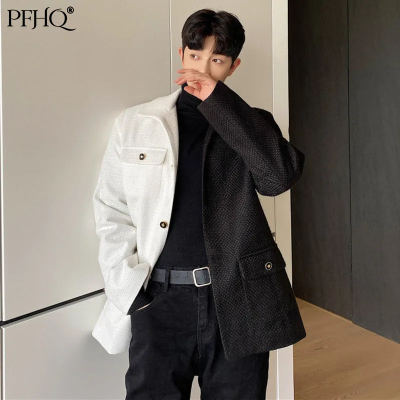 

PFHQ 2021 New Men's Fashion Loose Lapel Single Breasted Korean Contrast Color Thick Woolen Thick Suit Autumn Winter 21E149