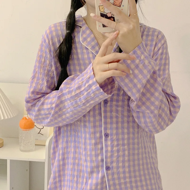 Yasuk Spring Autumn Fashion Women's Casual Solid Plaid Sleepwear Homewear Cute Pajamas Set With Pants Purple Soft Sweet Girl