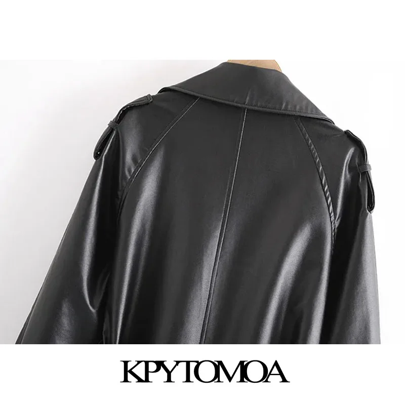 

KPYTOMOA Women Fashion With Belt Double Breasted Faux Leather Trench Coat Vintage Long Sleeve Female Outerwear Chic Overcoat