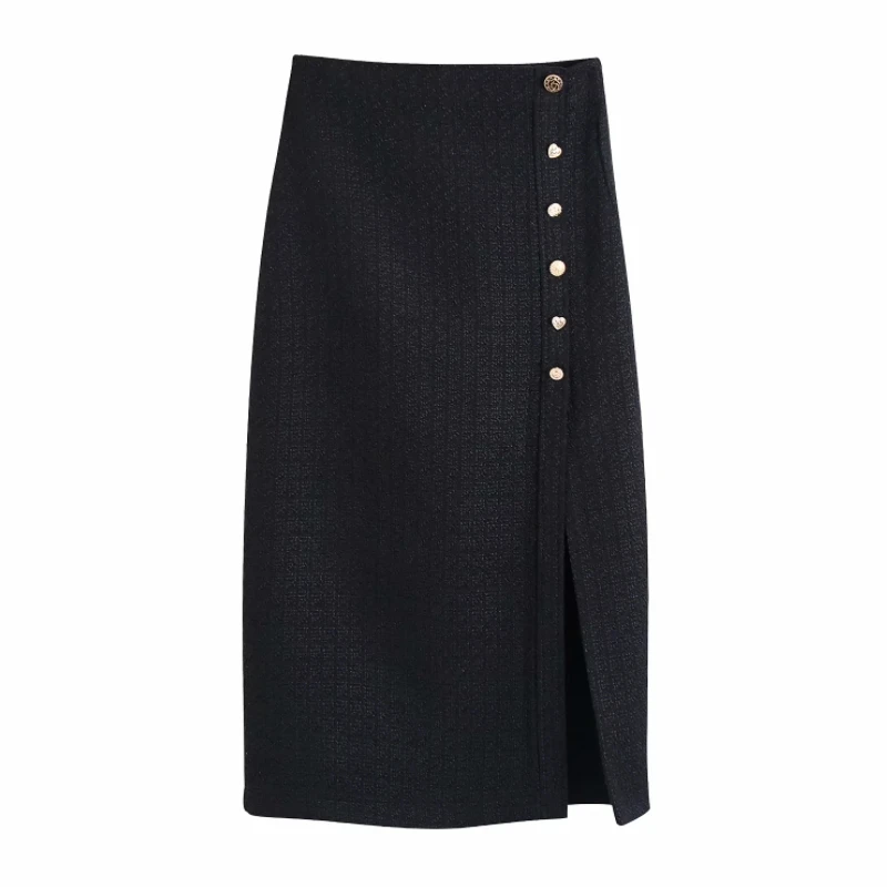 

Hot Sale Women Button Decoration Black Side Slit Midi Skirt Casual Female High Waist Loose Clothes P2311